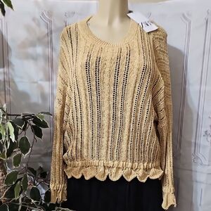 Zara Gold  Pointelle Crew Neck Knit Sweater with Ruffled/Scalloped Hem Medium